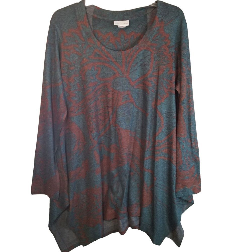 Soft Surroundings Womens Large Renaissance Top Made USA Blue Rust Draped Knit